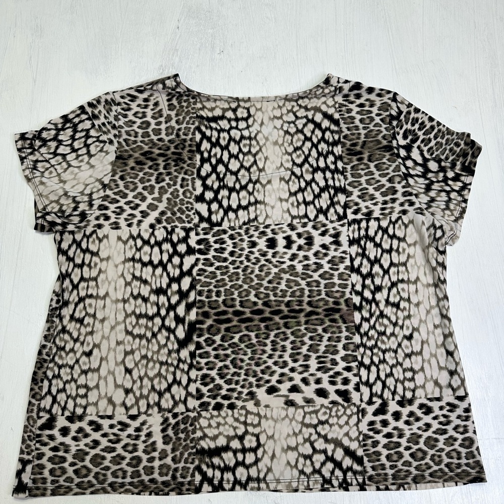 Petite Large Animal Print Patchwork Top Stretch Short Sleeve Blouse - Picture 2 of 6